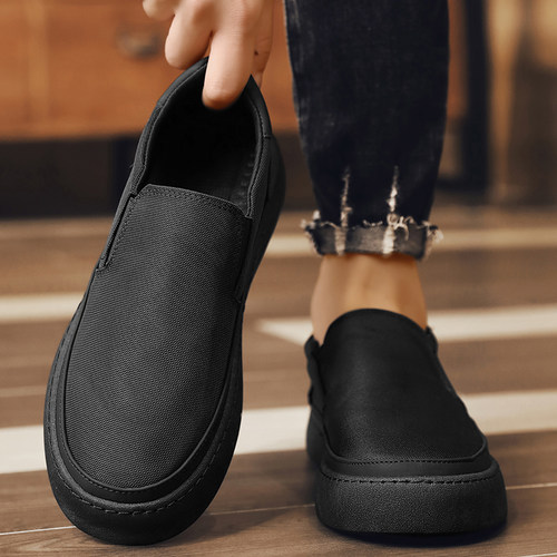 老北京布鞋男款冬季透气一脚蹬冰丝板鞋男士大码纯黑色工作劳保鞋