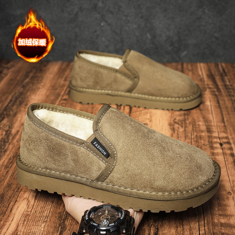 棉鞋男冬季加绒保暖一脚蹬老北京布鞋皮毛一体加厚防寒东北雪地靴