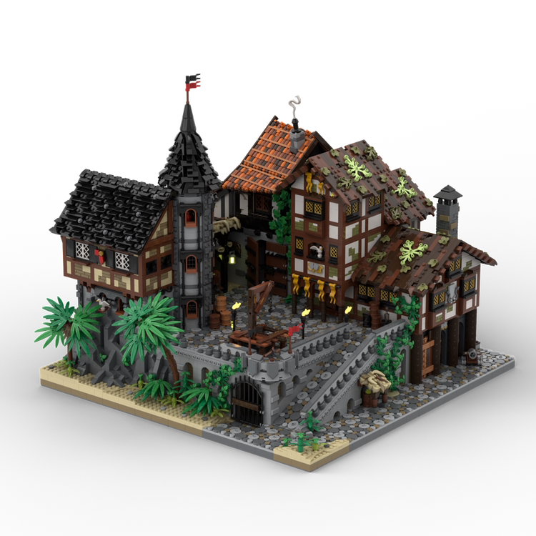 兼容某高MOC-164139中世纪城堡花园绞刑架山小镇建筑积木模型街景