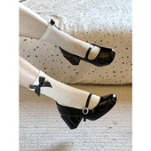 Miaolv 浅口 女黑色漆皮粗跟一字扣带单鞋 College法式 复古玛丽珍鞋