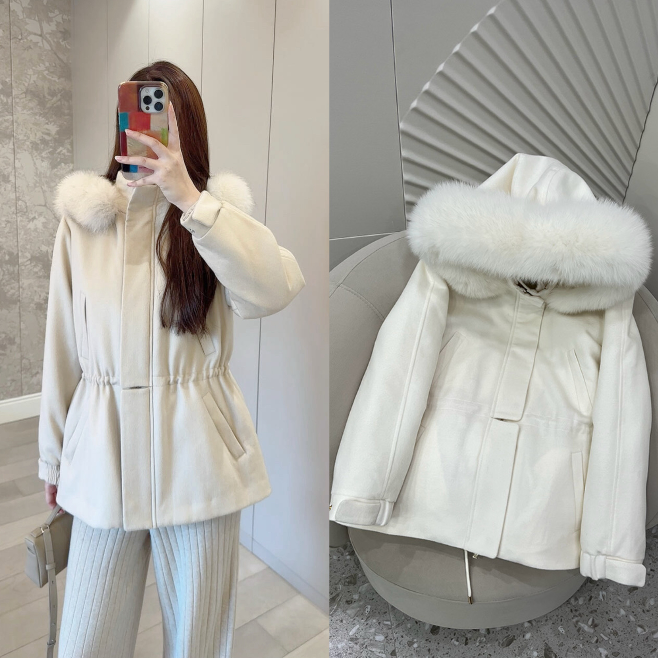 小初 lp雪服！重工毛呢羽绒服外套女真狐狸毛大毛领滑雪服呢外套