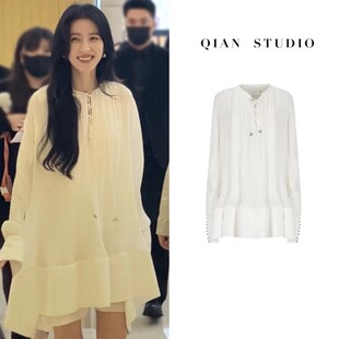 周雨彤同款白色压褶连衣裙法式绝美仙女裙度假连衣裙宽松气质短裙