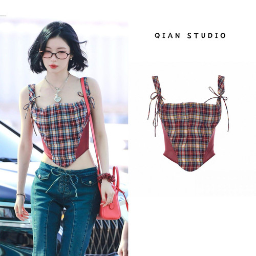 asa同款格纹吊带背心韩系复古辣妹风修身显瘦短款无袖背心上衣