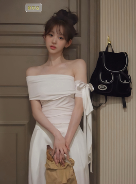 韩女thetis法式一字肩上衣女小众设计露肩蝴蝶结系带纯欲短袖T恤