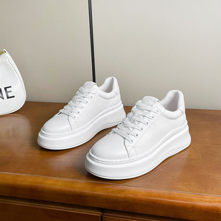 手工~超轻~欧货头层牛皮小白鞋女厚底真皮简约百搭休闲 系带松糕