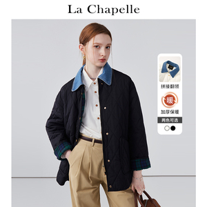 拉夏贝尔/La Chapelle撞色翻领拼接大口袋保暖夹棉棉服外套女冬季