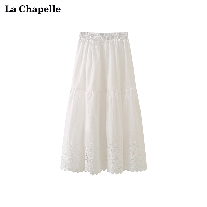 拉夏贝尔/La Chapelle白色松紧镂空半身裙女花边仙女中长款裙子夏