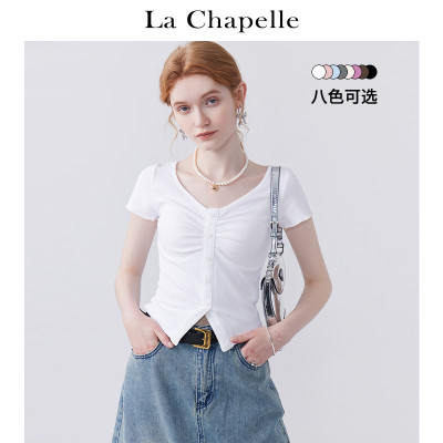 拉夏贝尔/La Chapelle褶皱修身圆领短袖T恤女简约显瘦打底短上衣