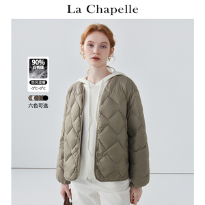 拉夏贝尔/La Chapelle简约V领菱格羽绒服女冬季短款纯色加厚外套