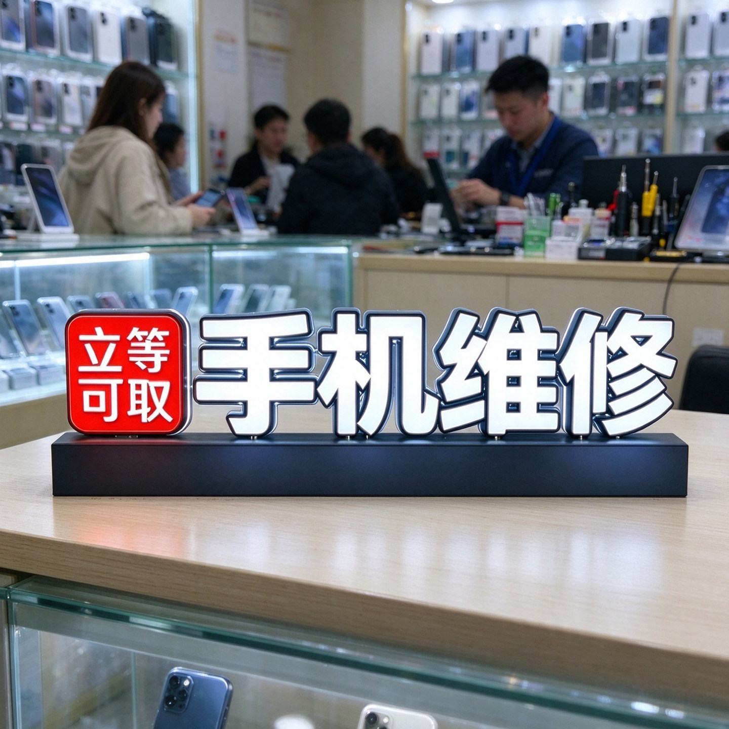 定制手机维修回收店桌面吧台立式迷你字发光字招牌立体发光广告牌