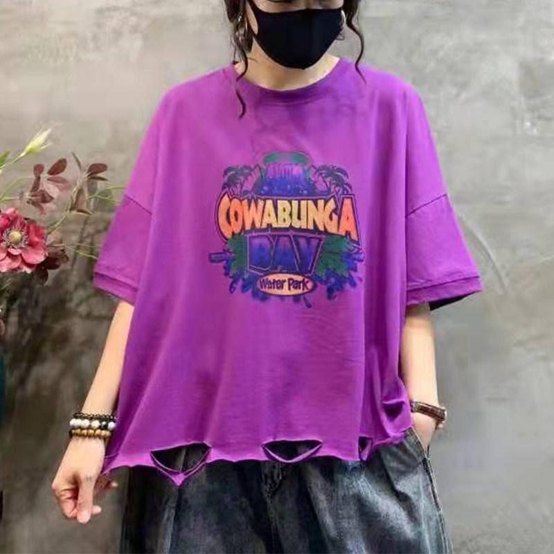 夏季小个子纯棉T恤女短袖下摆破洞印花半袖200斤短款卡腰打底衫潮