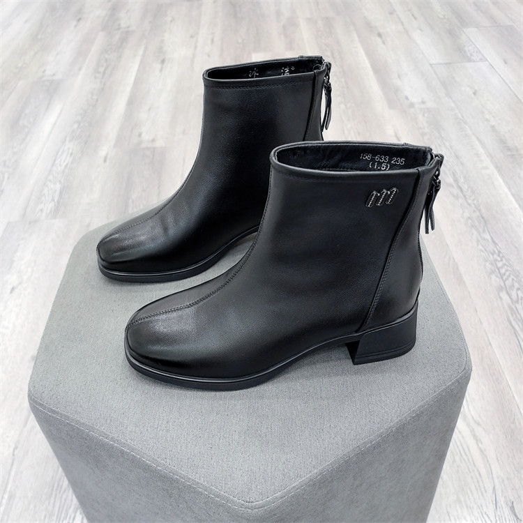 冰洁2025冬季新款女鞋真皮圆头粗中跟后拉链薄绒舒适短靴158-633,女鞋,切尔西靴,淘宝优惠券,粉丝福利购,淘宝优惠卷