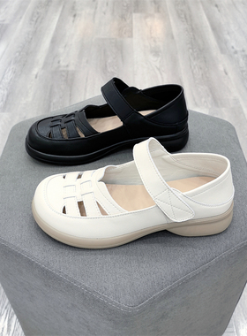 冰洁2025夏季新款女鞋真皮平跟镂空超轻舒适魔术贴罗马鞋85K75-9