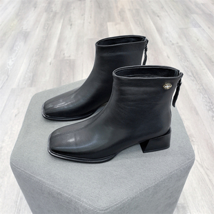 冰洁2024冬季新款女鞋真皮方头粗跟加绒保暖后拉链舒适短靴68-008