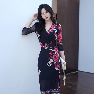Rouje dvf js裹身裙古典气质优雅印花网纱新中式国风黑色连衣裙