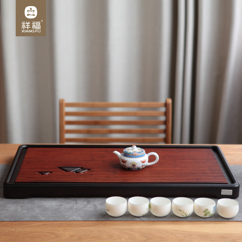 祥福茶盘竹制功夫茶具茶台现代家用简约长方形排水竹茶盘梵静大号