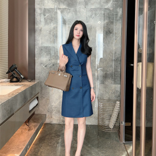 夏季新款藏蓝色双排扣中长款西装马甲无袖连衣裙女