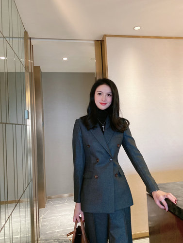 极简长袖深灰色羊毛直筒裤