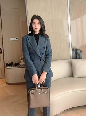 藏青色加厚羊毛双排扣西装套装宴会领子拼接女士通勤九分裤西服