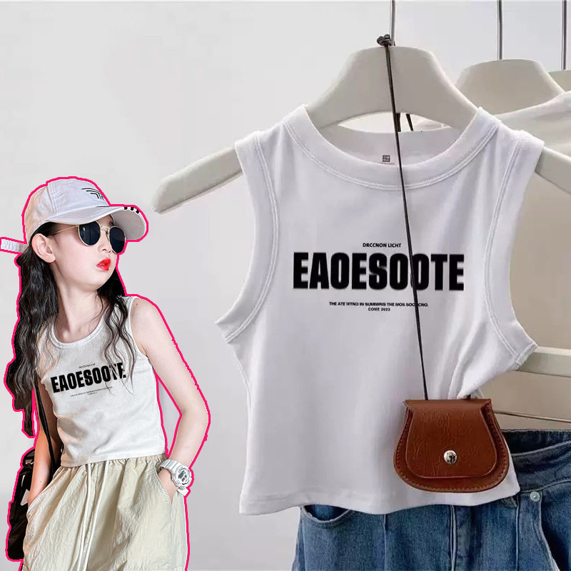 夏装女童洋气背心女宝宝吊带字母T恤儿童时髦打底衫无袖简约上衣