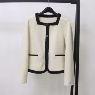 新款无领双面羊绒大衣小香风外套短款羊毛大衣女欧洲站拼色方领女