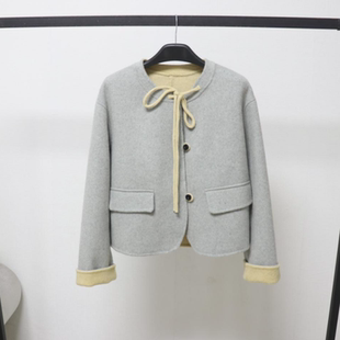 时尚短款双面羊毛大衣2025年秋冬新款圆领系带单排扣羊毛外套百搭