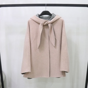 欧洲站粉色连帽兔耳朵双面羊毛大衣女新款中长款韩系羊毛呢外套