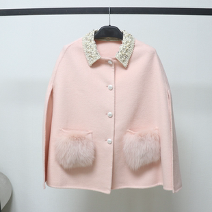 欧洲站秋冬新款双面呢斗篷羊毛大衣狐狸毛外套女短款外套