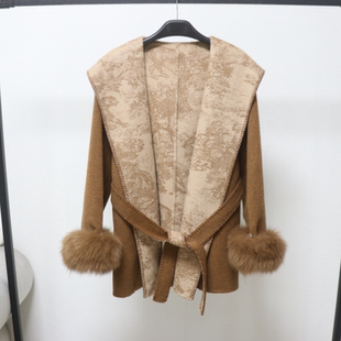 欧洲站羊毛双面呢大衣外套女连帽系带狐狸毛袖时尚秋冬外套