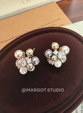 Margot手作珍珠花朵耳钉女镶钻多层花朵造型耳环蚊香盘无耳洞耳夹
