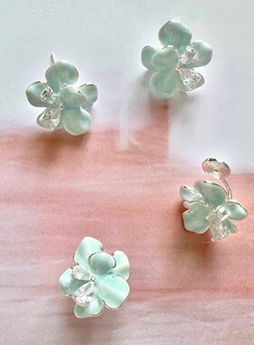 Margot手作夏季绿色滴油锆石花朵耳钉女轻奢小众设计高级感耳夹