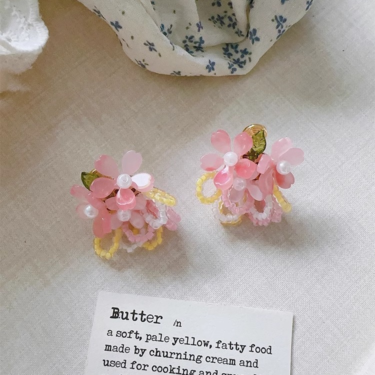 Margot手作粉色串珠缤纷海棠花朵耳钉耳环新款超仙森系小清新耳夹