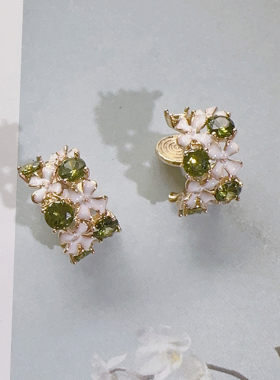 Margot手作春夏绿色花朵锆石耳钉女小众设计感耳环耳夹无耳洞耳饰
