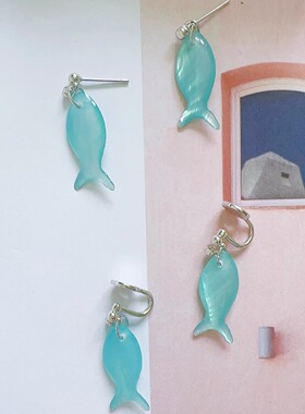 Margot手作复古湖水蓝贝母小鱼耳钉春夏无耳洞耳夹女清冷感耳饰品