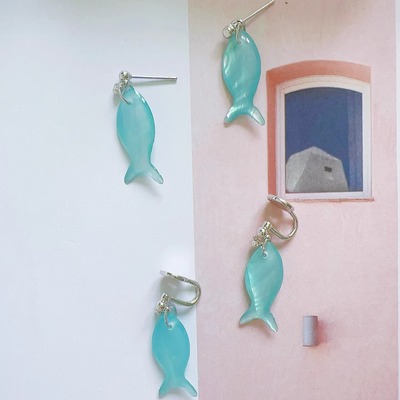 Margot手作复古湖水蓝贝母小鱼耳钉春夏无耳洞耳夹女清冷感耳饰品