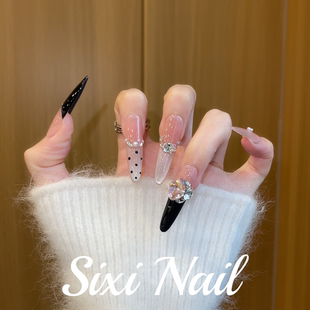 轻奢黑色法式 美甲贴片假指甲 满钻猫眼纯手工穿戴甲气质显白法式