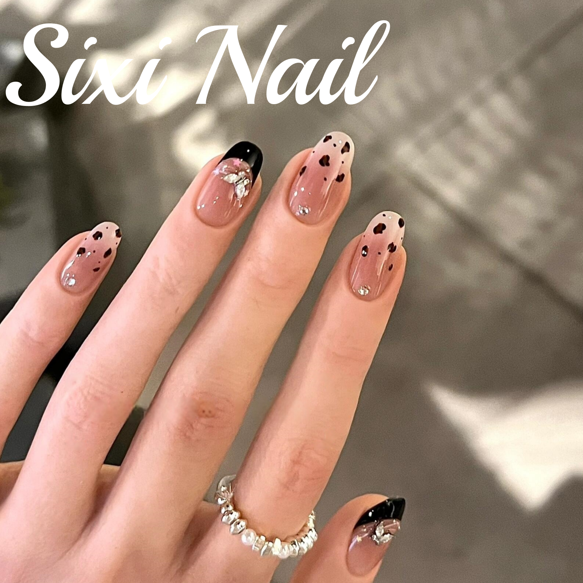 法式豹纹ins风纯手工穿戴甲蝴蝶锆石气质高级感显白美甲指甲贴片