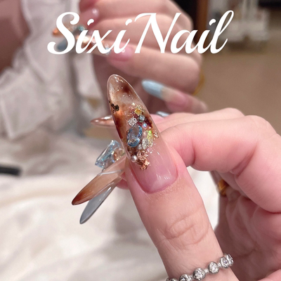 琥珀晕染猫眼秋冬纯手工穿戴甲中长款显白高级感美甲贴片假指甲