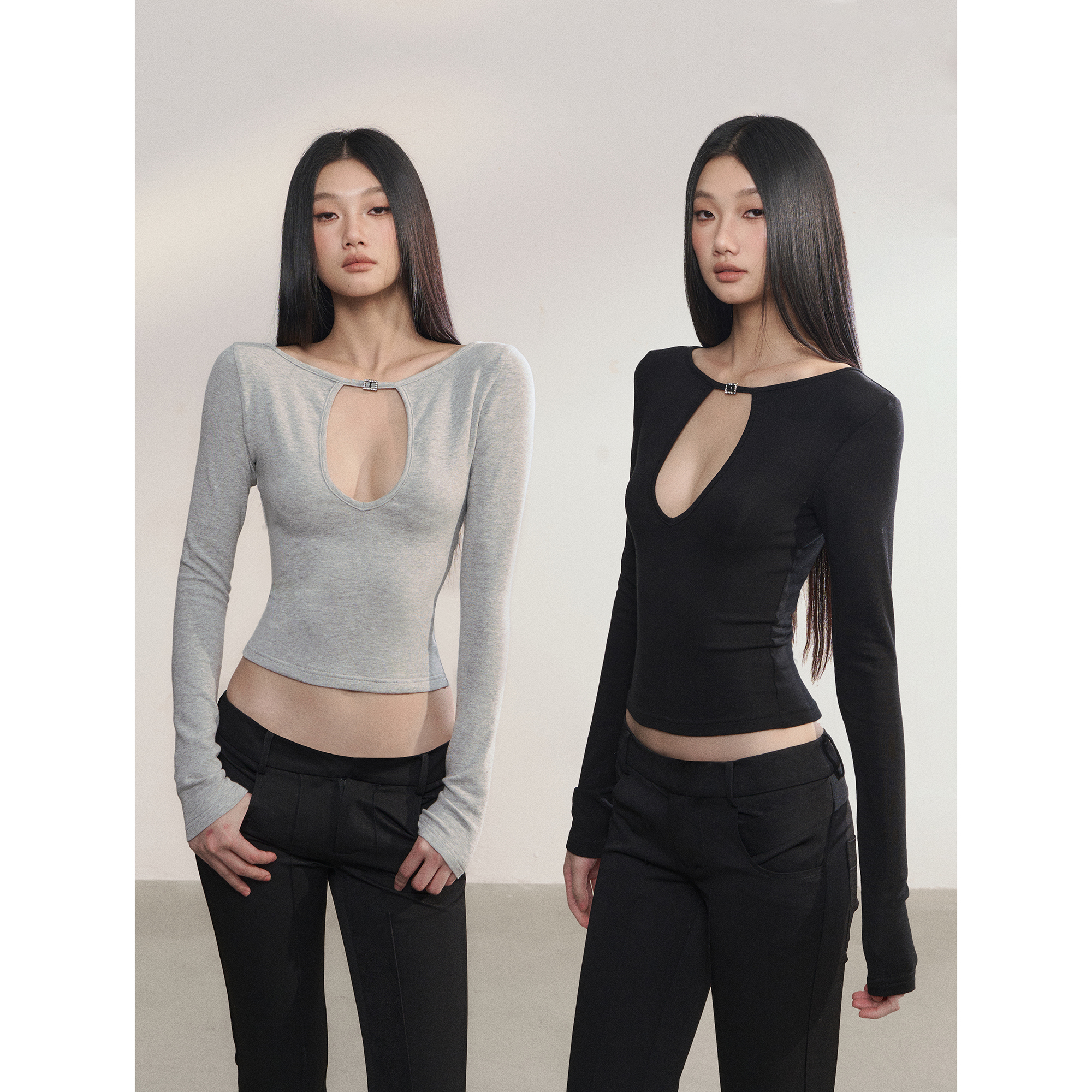 PEMPL 纯欲辣妹性感镂空针织衫女修身露腰日字扣长袖打底T恤上衣