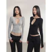 PEMPL 打底T恤上衣 露腰日字扣长袖 纯欲辣妹性感镂空针织衫 女修身