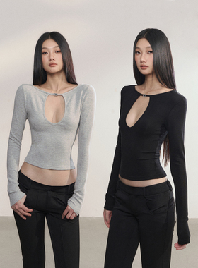 PEMPL 纯欲辣妹性感镂空针织衫女修身露腰日字扣长袖打底T恤上衣