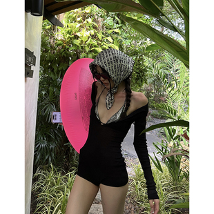 连体衣女春夏新款 开衫 黑色半透针织长袖 显瘦连体裤 出游 修身 PEMPL