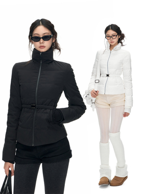 PEMPL 立领短款双色绗缝90白鸭绒羽绒服女可调节腰带轻薄保暖外套