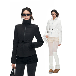 PEMPL 立领短款双色绗缝90白鸭绒羽绒服女可调节腰带轻薄保暖外套