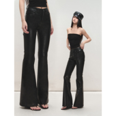 黑色弹力修身 PU皮微喇裤 女低腰显瘦辣妹性感皮裤 PEMPL 休闲长裤 子