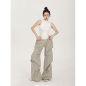 休闲裤 裤 女夏季 PEMPL 新款 纸片感阔腿工装 薄绿色宽松直筒显瘦长裤