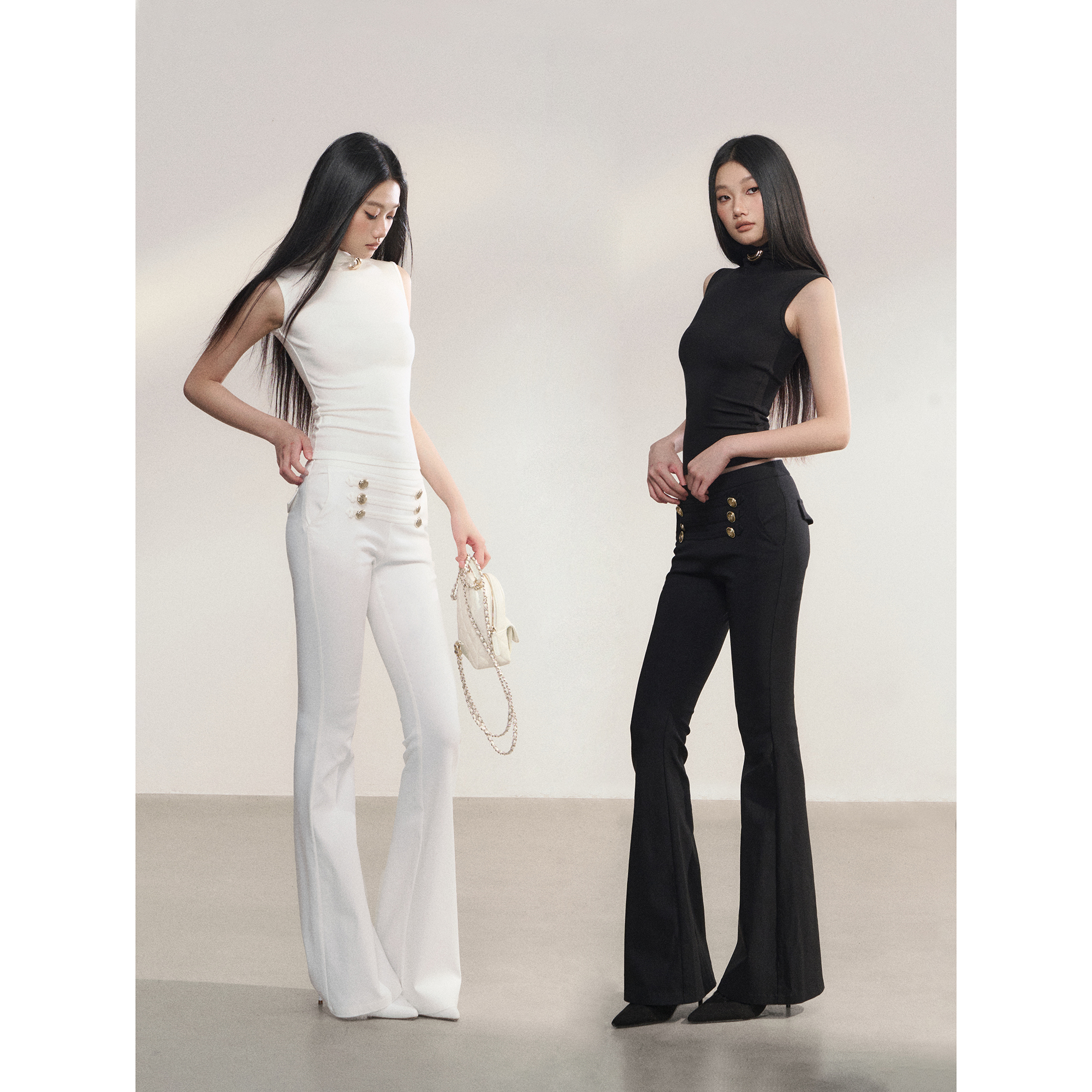 PEMPL 辣妹性感低腰前中腰头设计感微喇裤女修身弹力显瘦喇叭裤