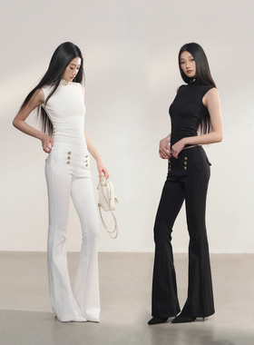 PEMPL 辣妹性感低腰前中腰头设计感微喇裤女修身弹力显瘦喇叭裤