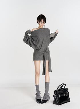 PEMPL·微醺半茶 慵懒感斜肩围巾针织衫卷边针织半身裙三件套纯色