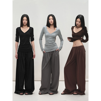 褶皱西装裤女低腰垂感直筒休闲裤